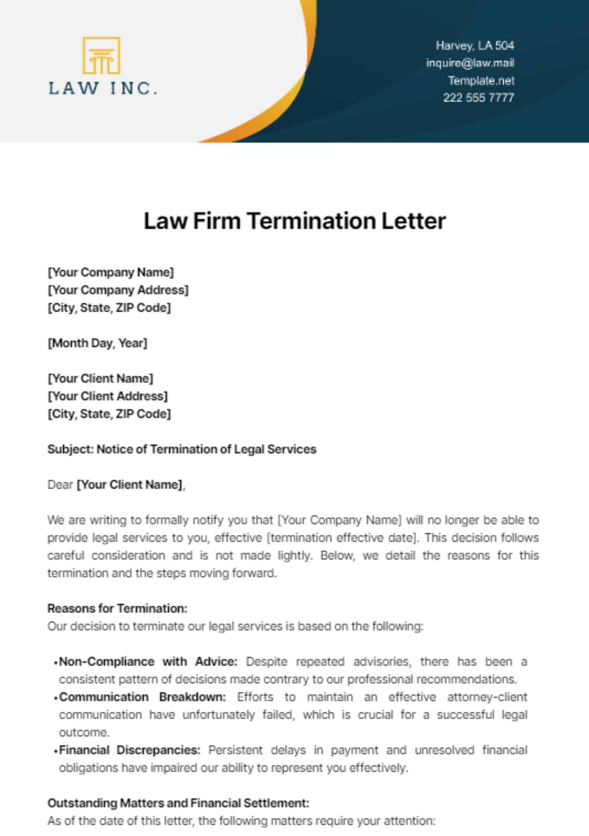 Law Firm Termination Letter Template - Edit Online & Download