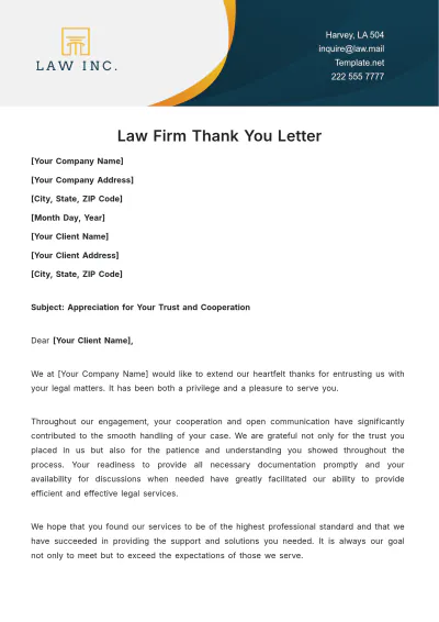 Free Law Firm Thank You Letter Template to Edit Online