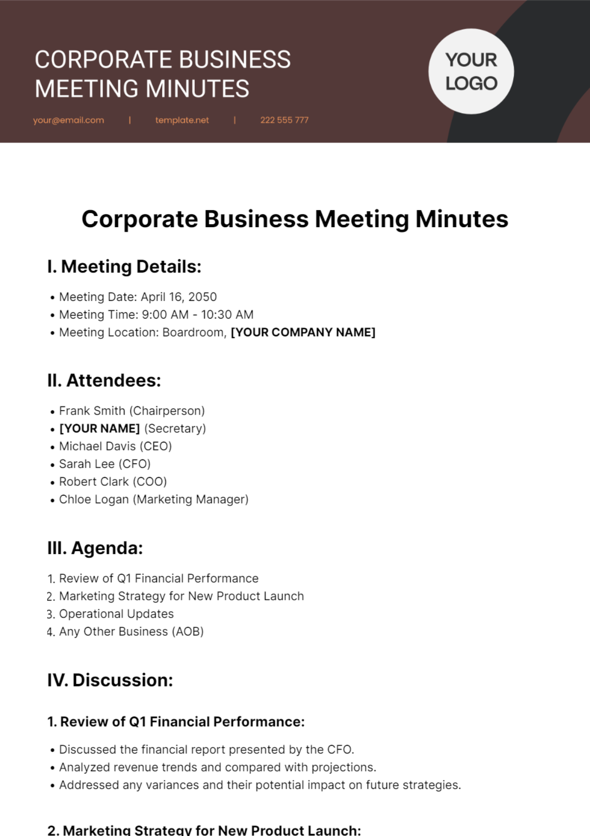 Corporate Business Meeting Minutes Template - Edit Online & Download