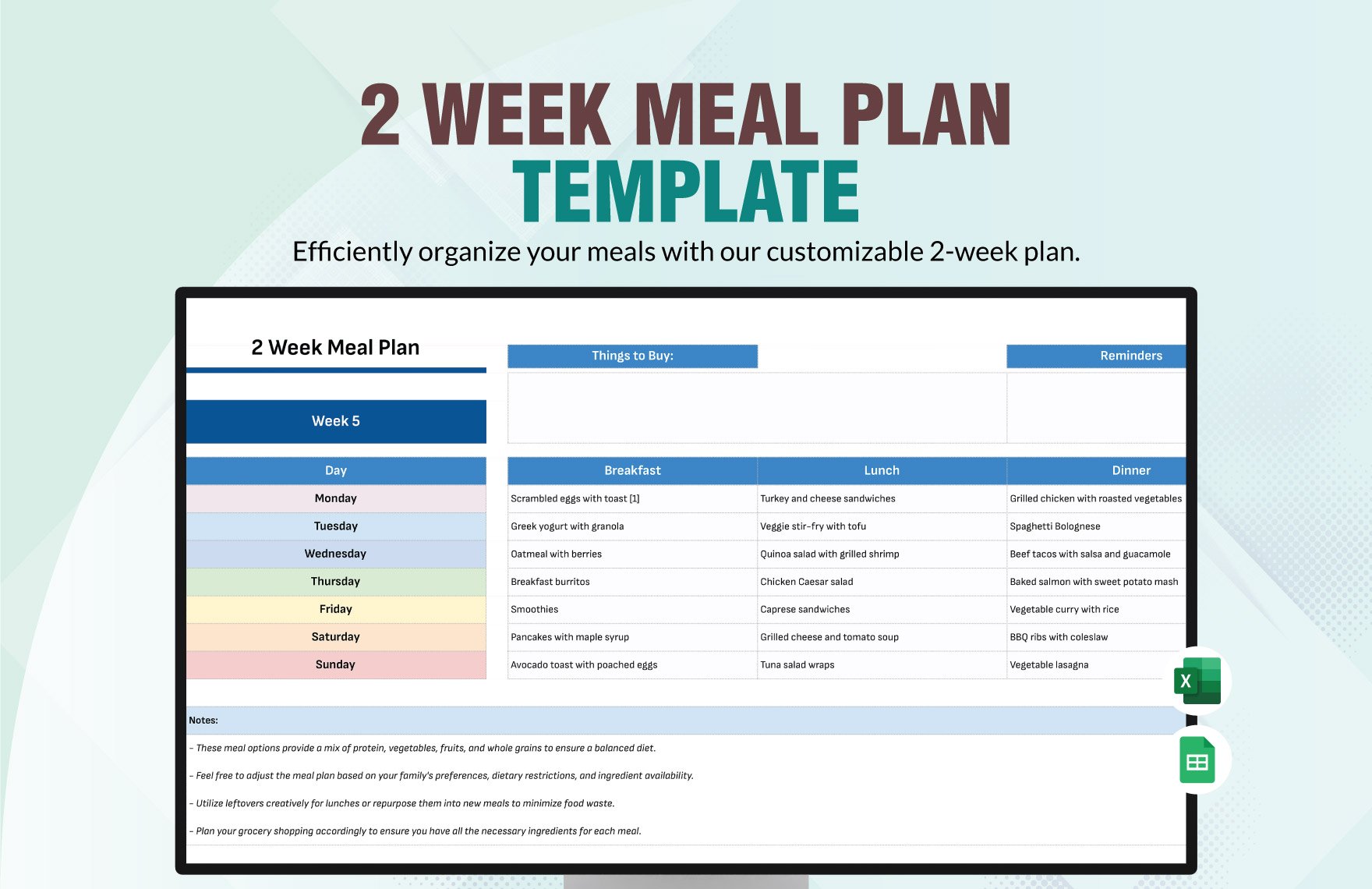 2 Week Meal Plan Template in Excel, Google Sheets