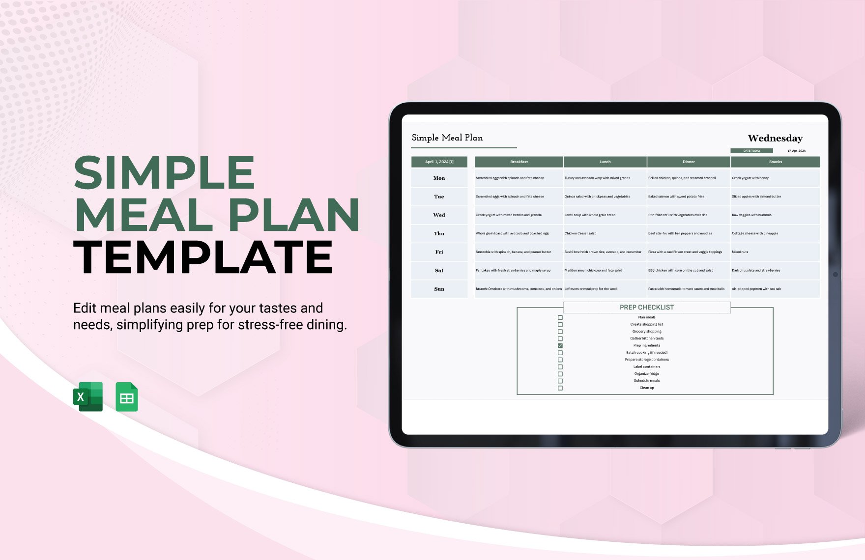 Simple Meal Plan Template in Excel, Google Sheets