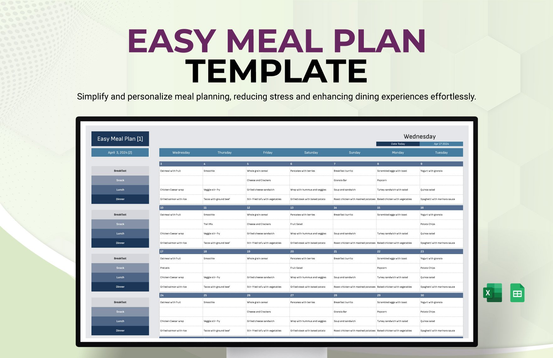 Easy Meal Plan Template in Excel, Google Sheets