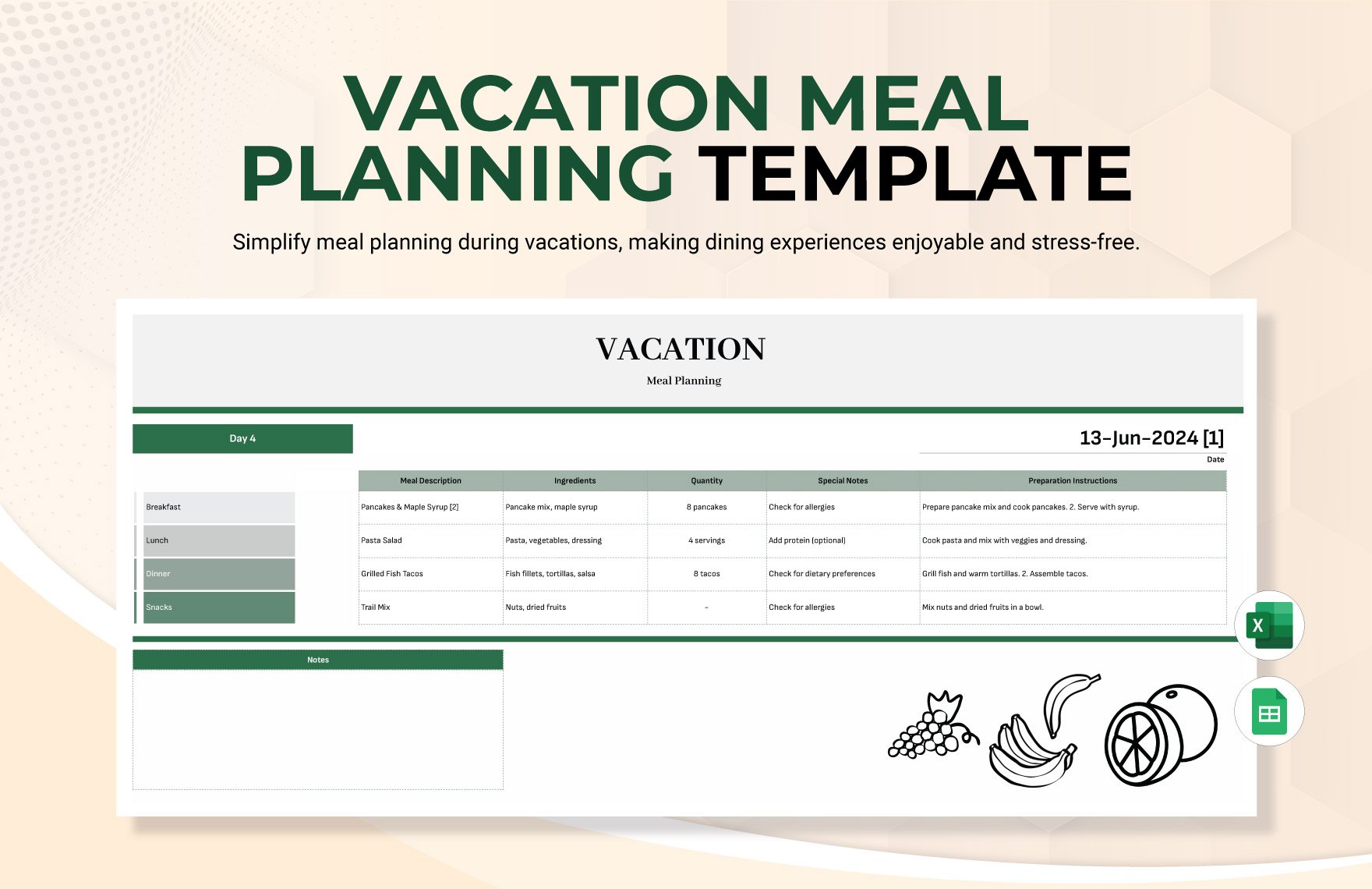 Vacation Meal Planning Template in Excel, Google Sheets