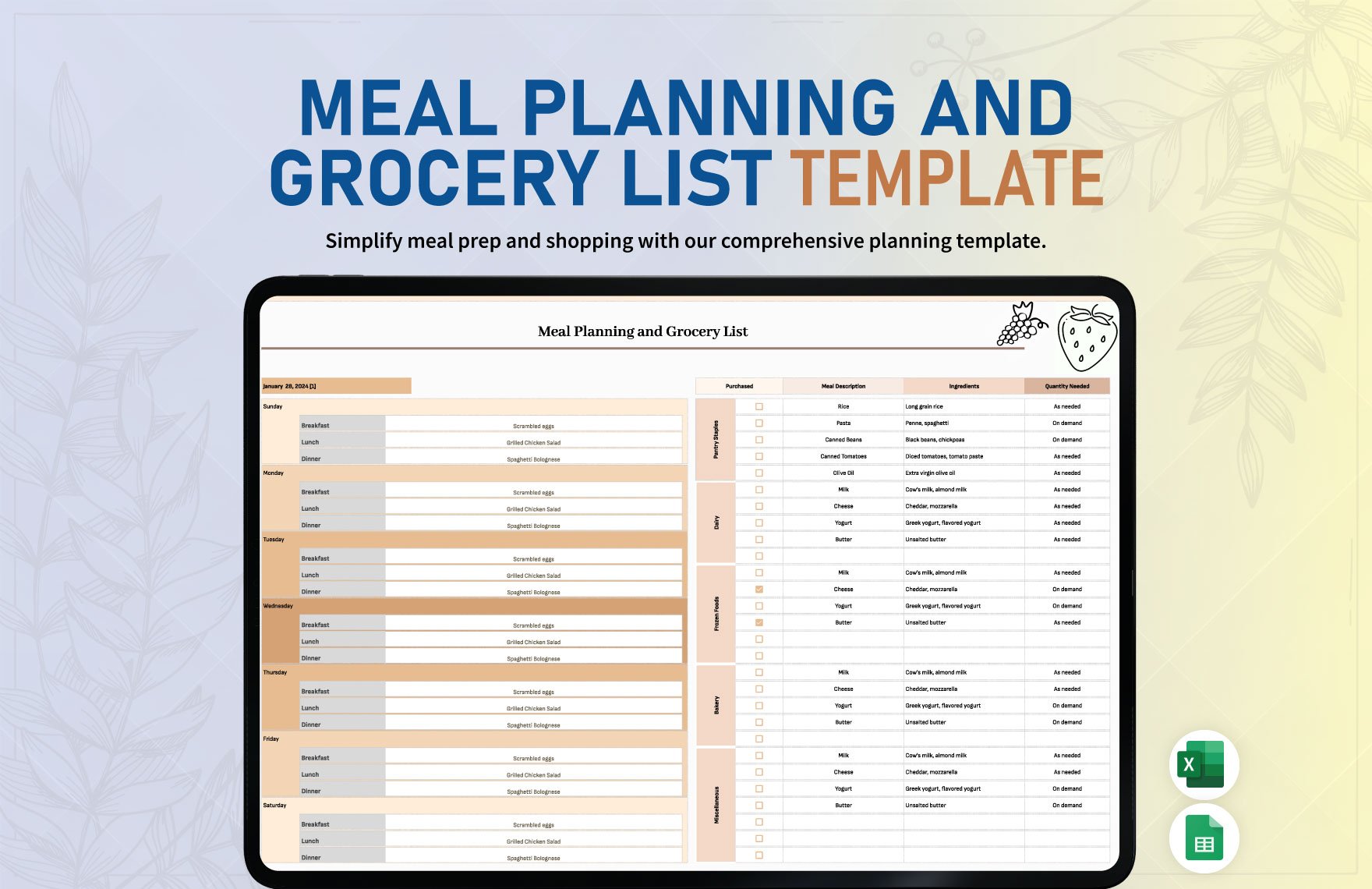 Meal Planning and Grocery List Template in Excel, Google Sheets
