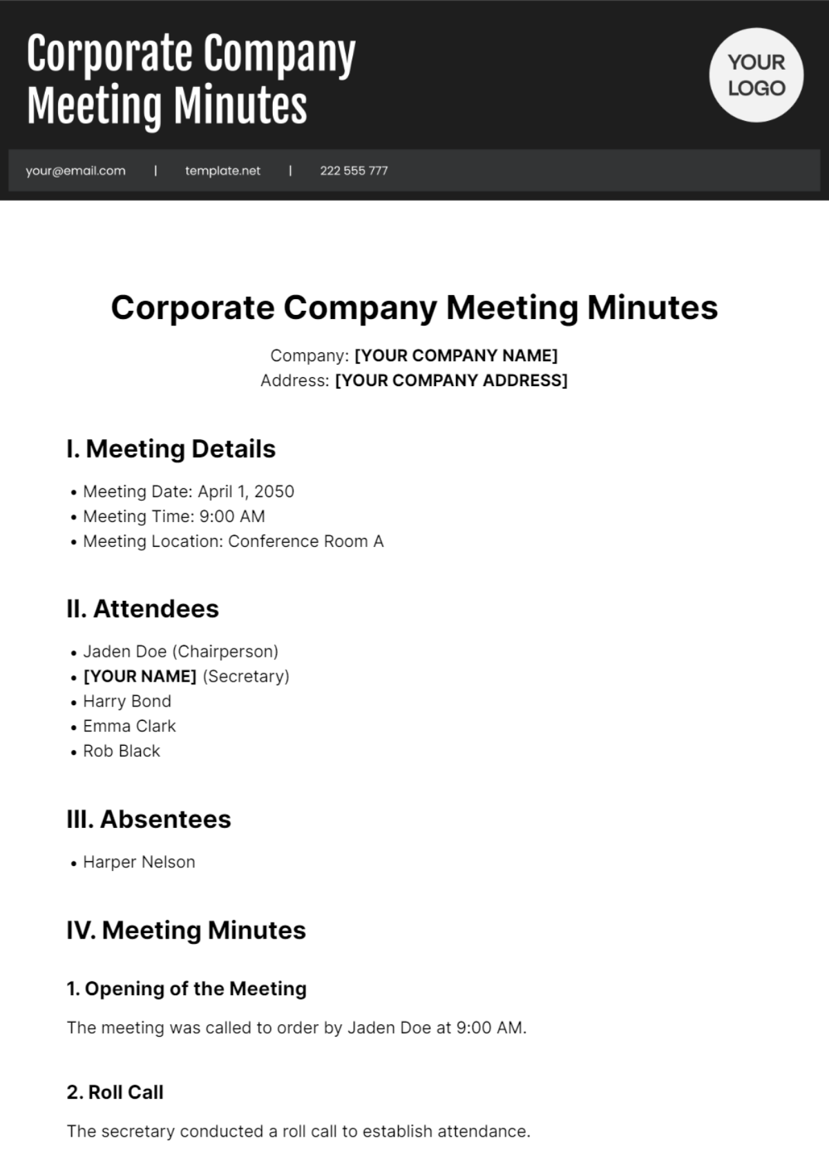 Corporate Company Meeting Minutes Template - Edit Online & Download