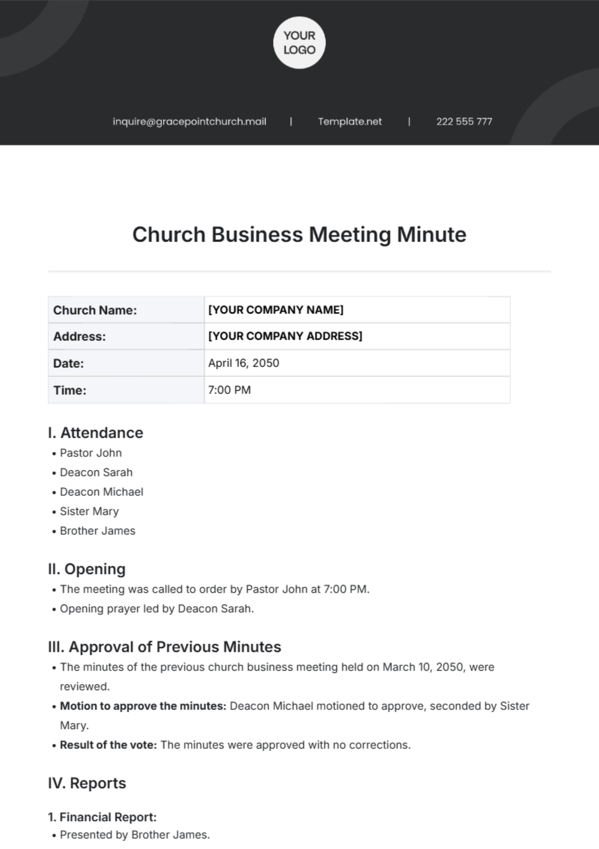 Church Business Meeting Minute Template - Edit Online & Download