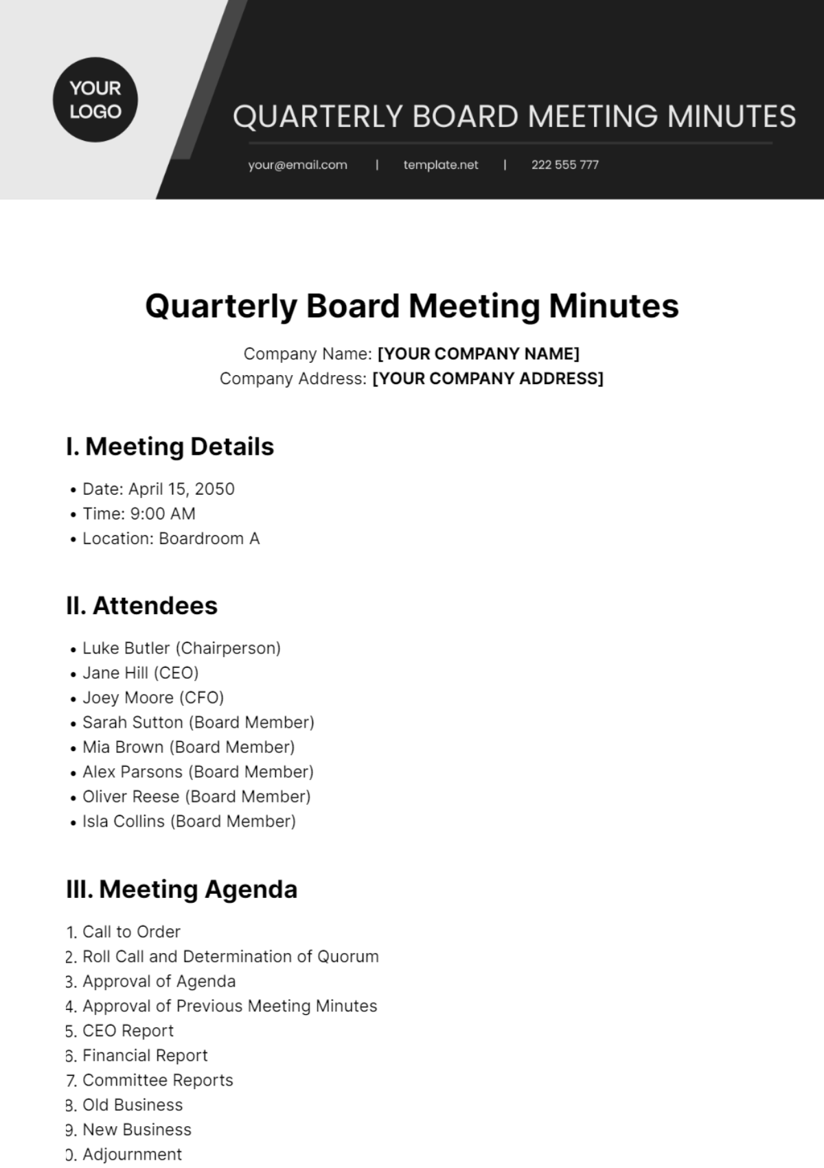 Quarterly Board Meeting Minutes Template - Edit Online & Download