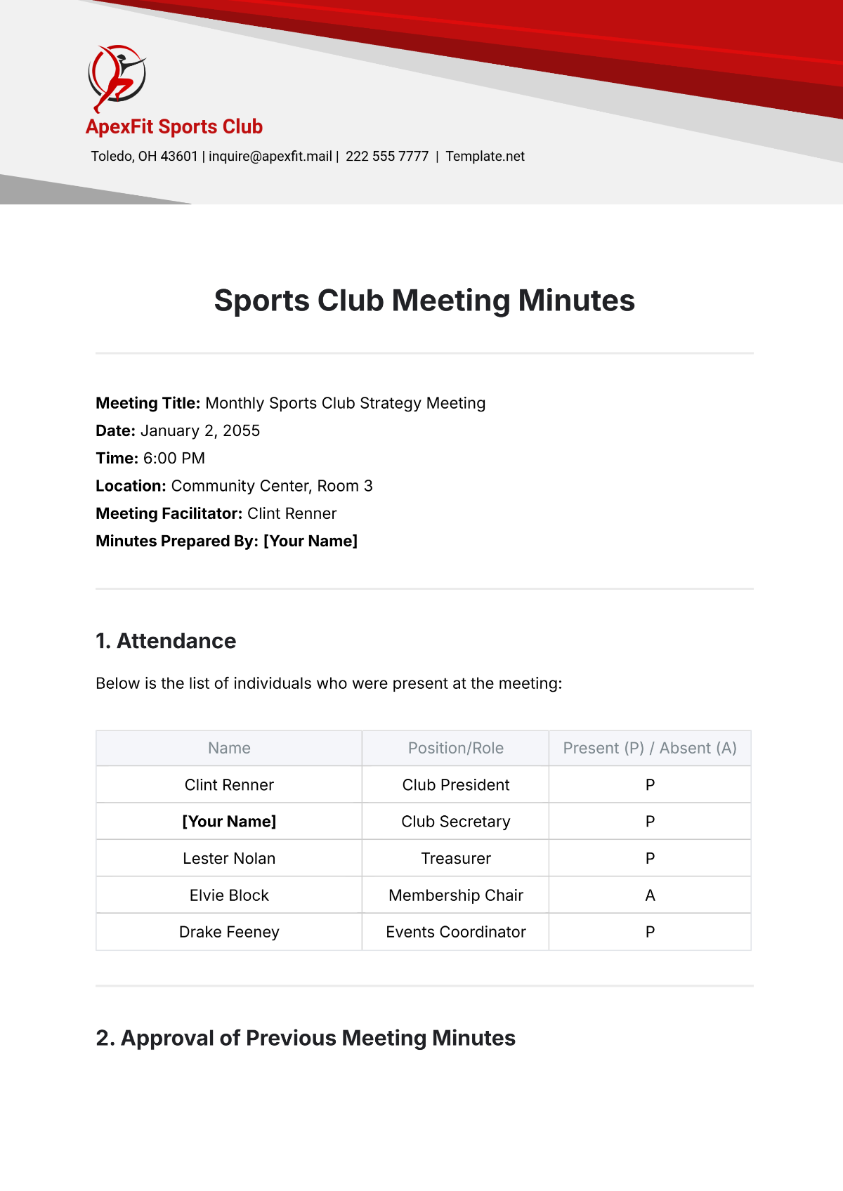 Free Sports Club Meeting Minute Template