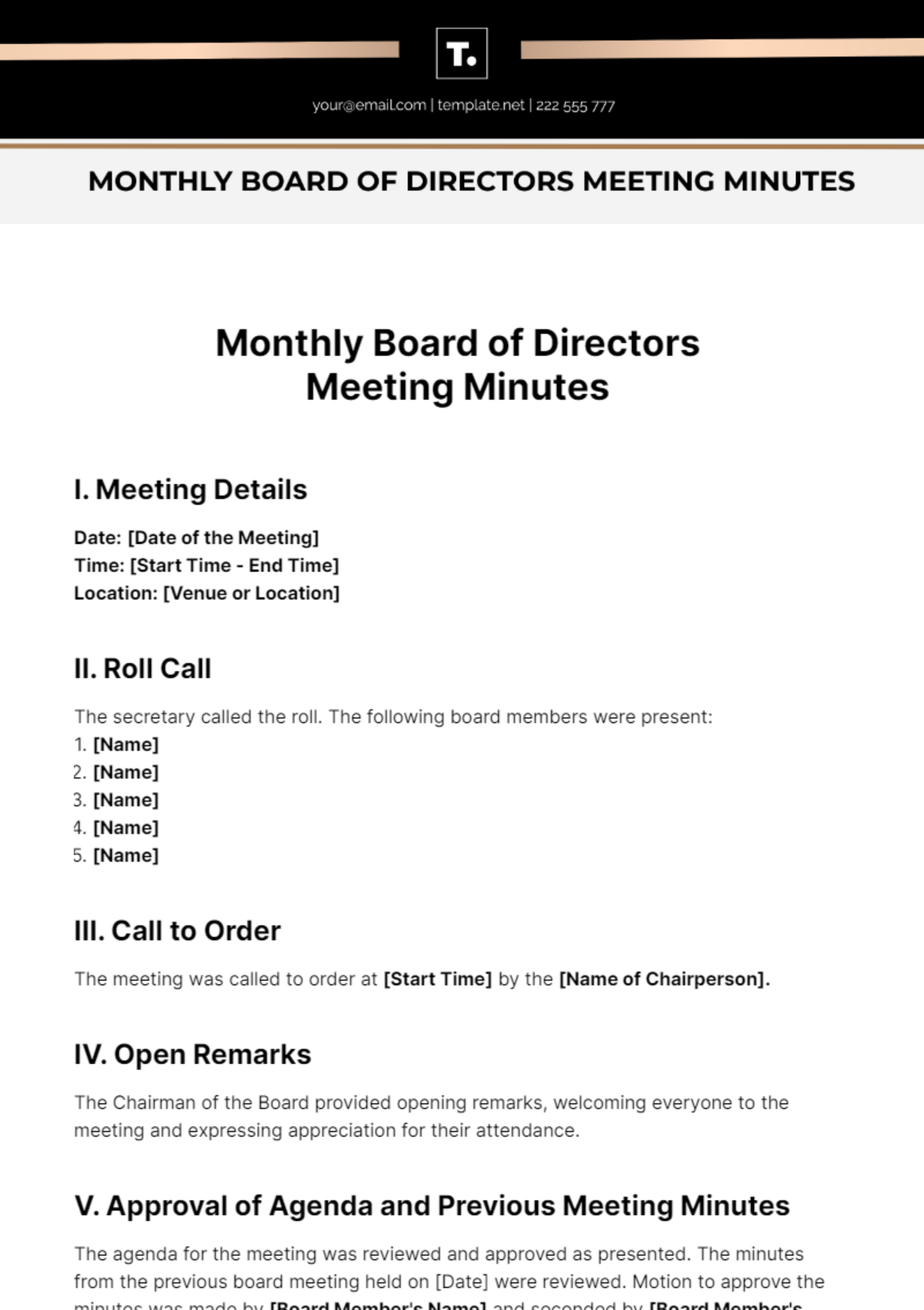 Monthly Board Of Directors Meeting Minutes Template - Edit Online & Download