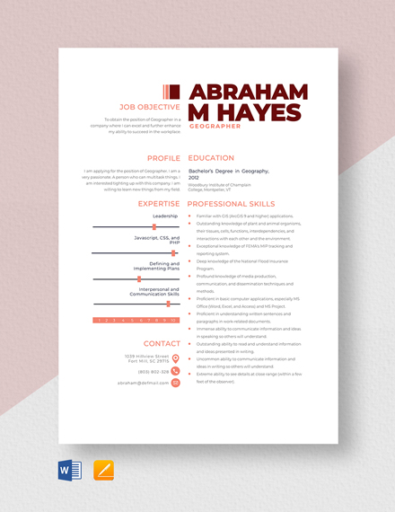 Geographer Resume Template - Word, Apple Pages