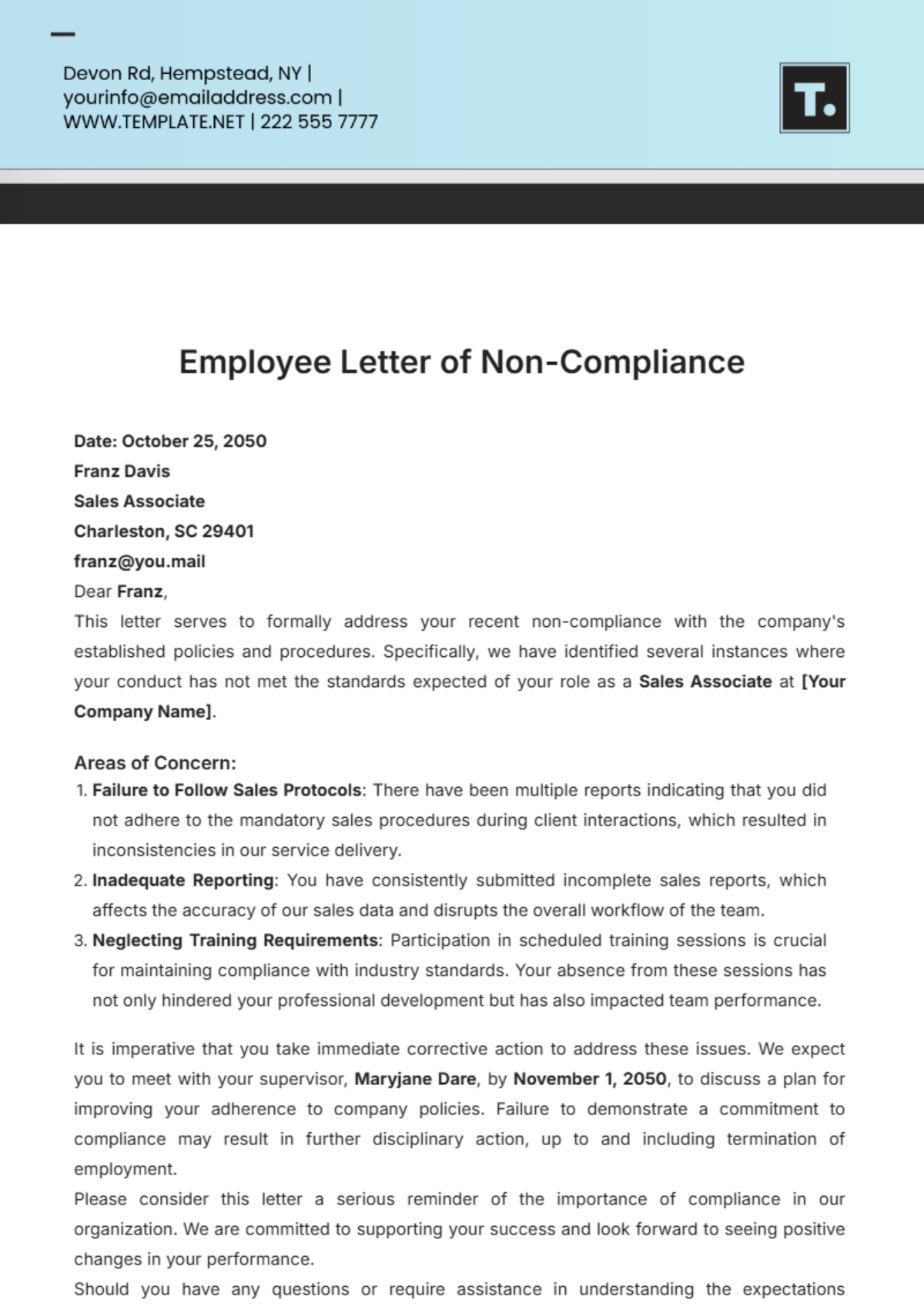 Employee Letter of Non-Compliance Template - Edit Online & Download