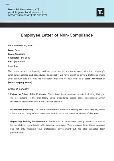 Free Employee Letter of Non-Compliance Template to Edit Online