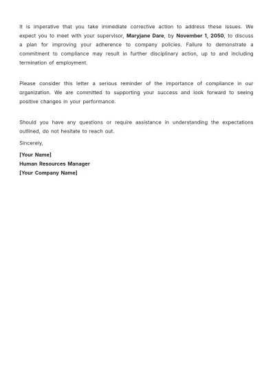 Free Employee Letter of Non-Compliance Template to Edit Online