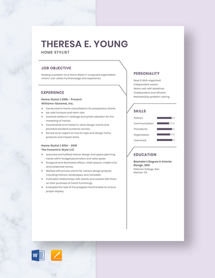 Home Stylist Resume Template - Word, Apple Pages