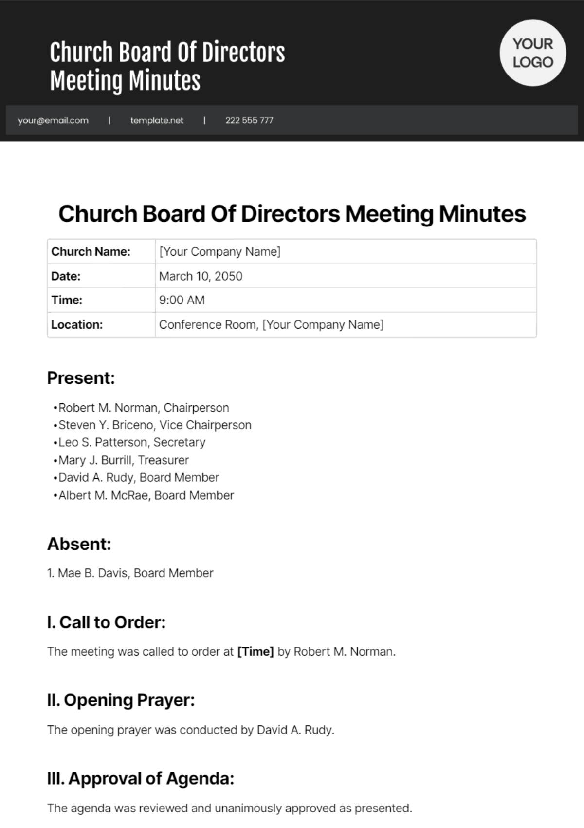 Church Board Of Directors Meeting Minutes Template - Edit Online & Download