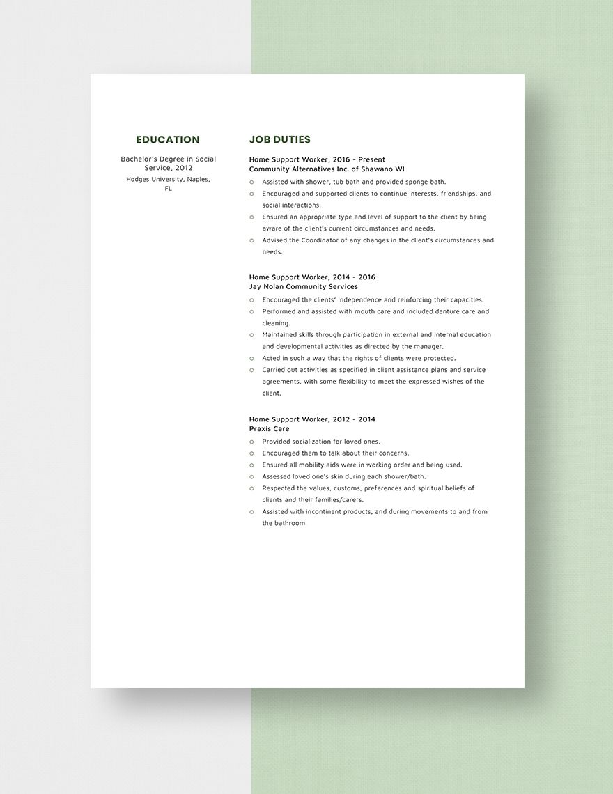 Home Support Worker Resume