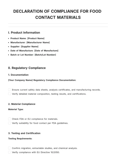 Free Declaration Of Compliance For Food Contact Materials Template to Edit Online