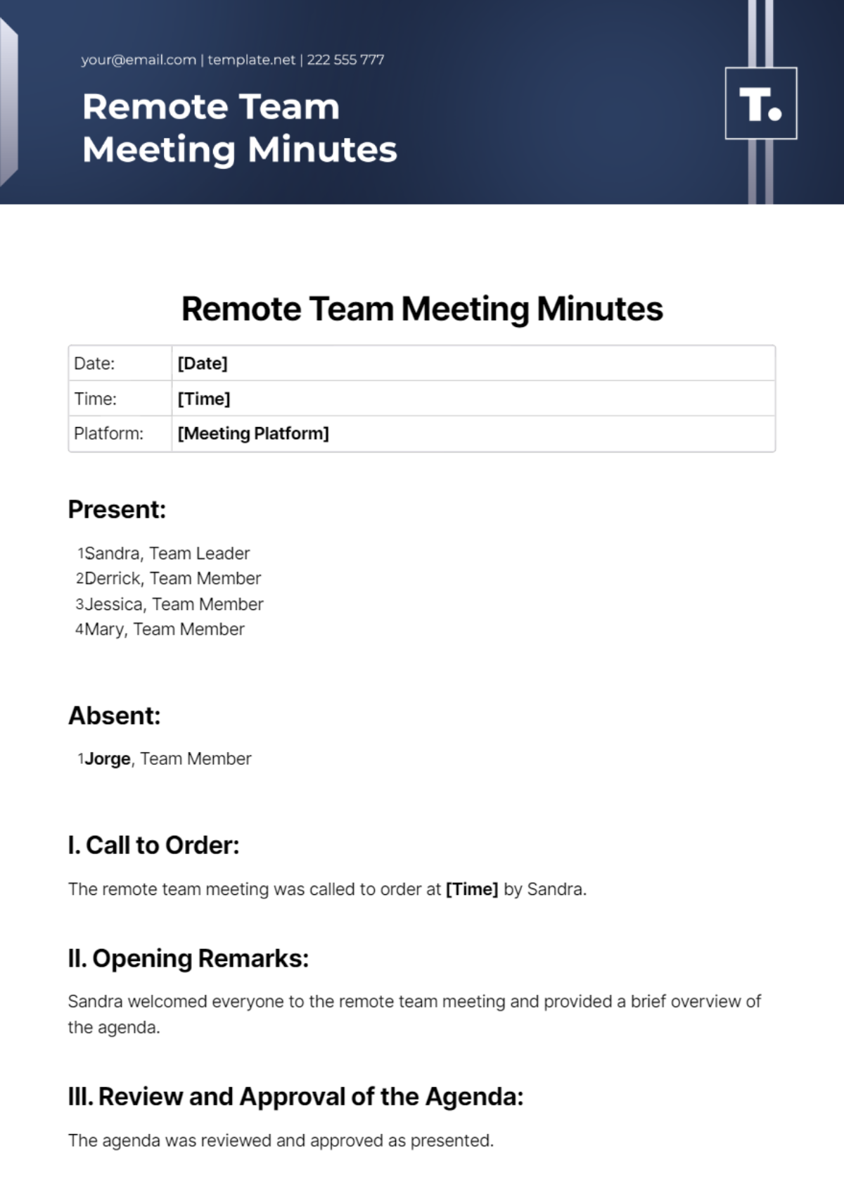 Remote Team Meeting Minutes Template - Edit Online & Download