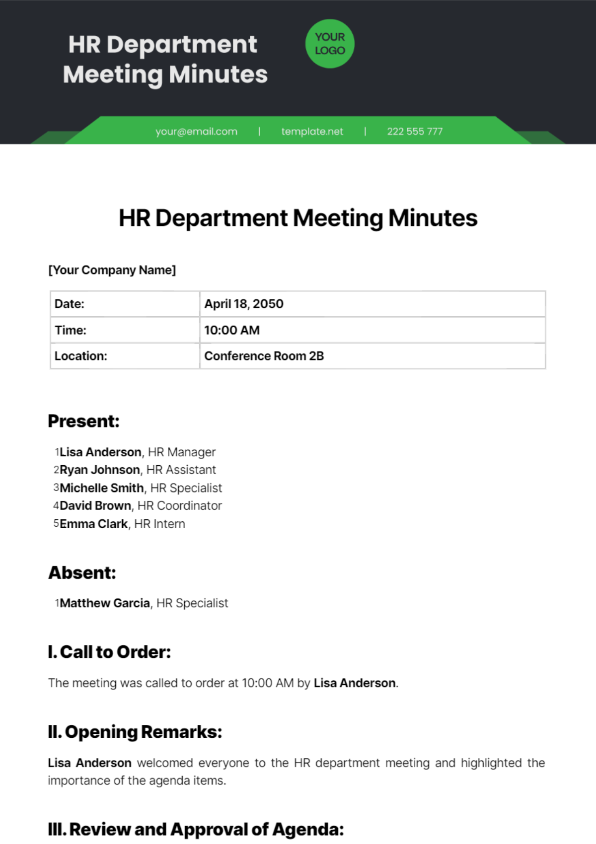 HR Department Meeting Minutes Template - Edit Online & Download