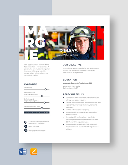 Free Fire Technician Resume Template - Word, Apple Pages