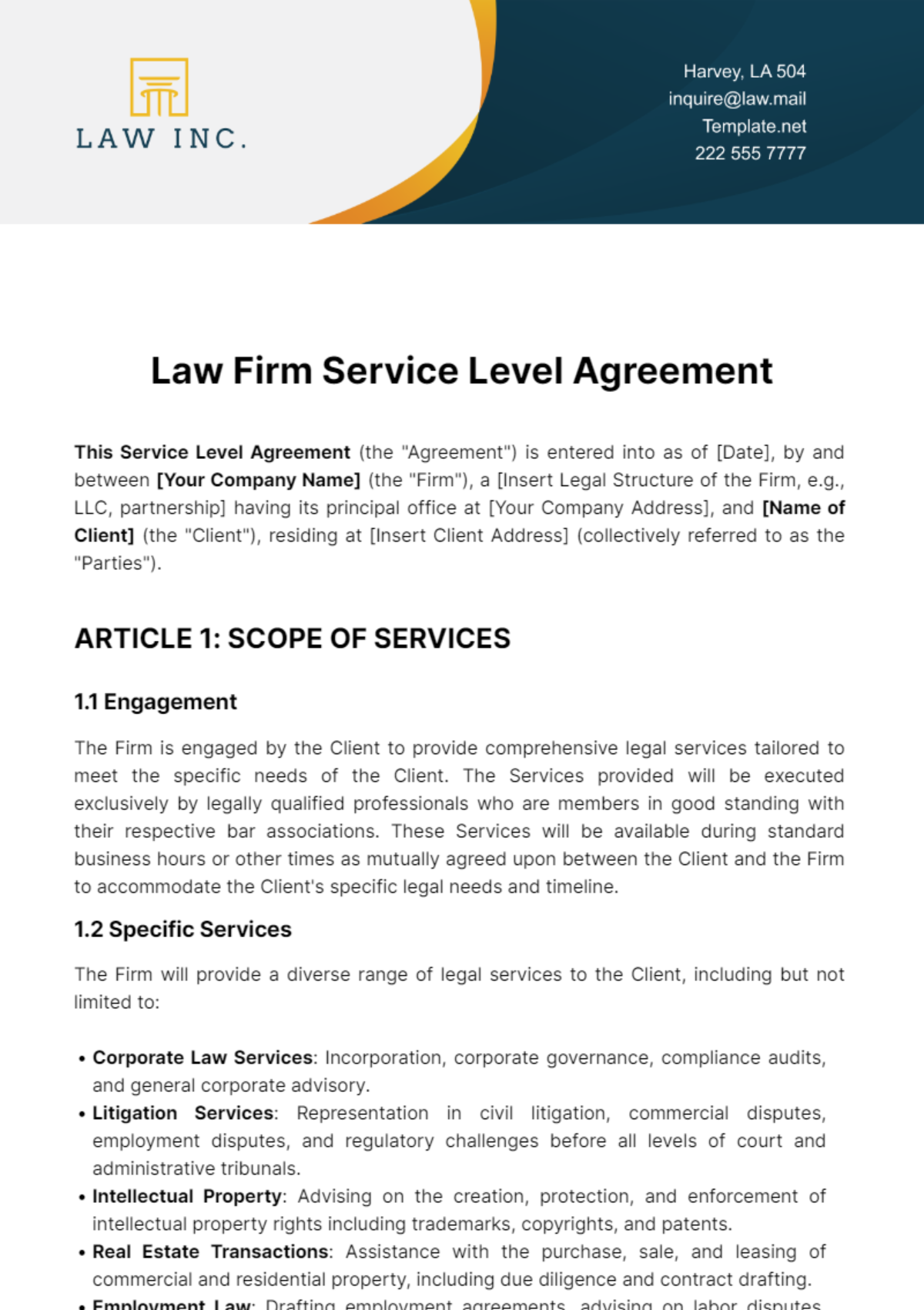Law Firm Service Level Agreement Template