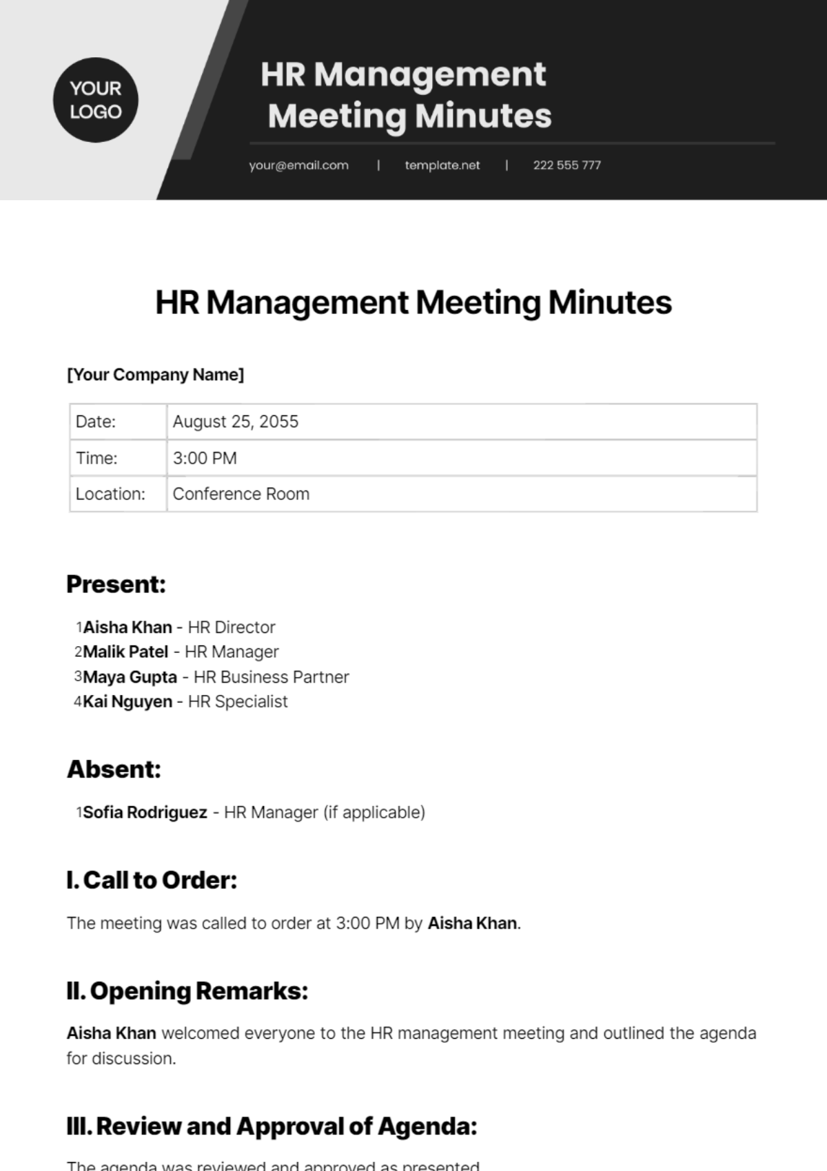 HR Management Meeting Minutes Template - Edit Online & Download