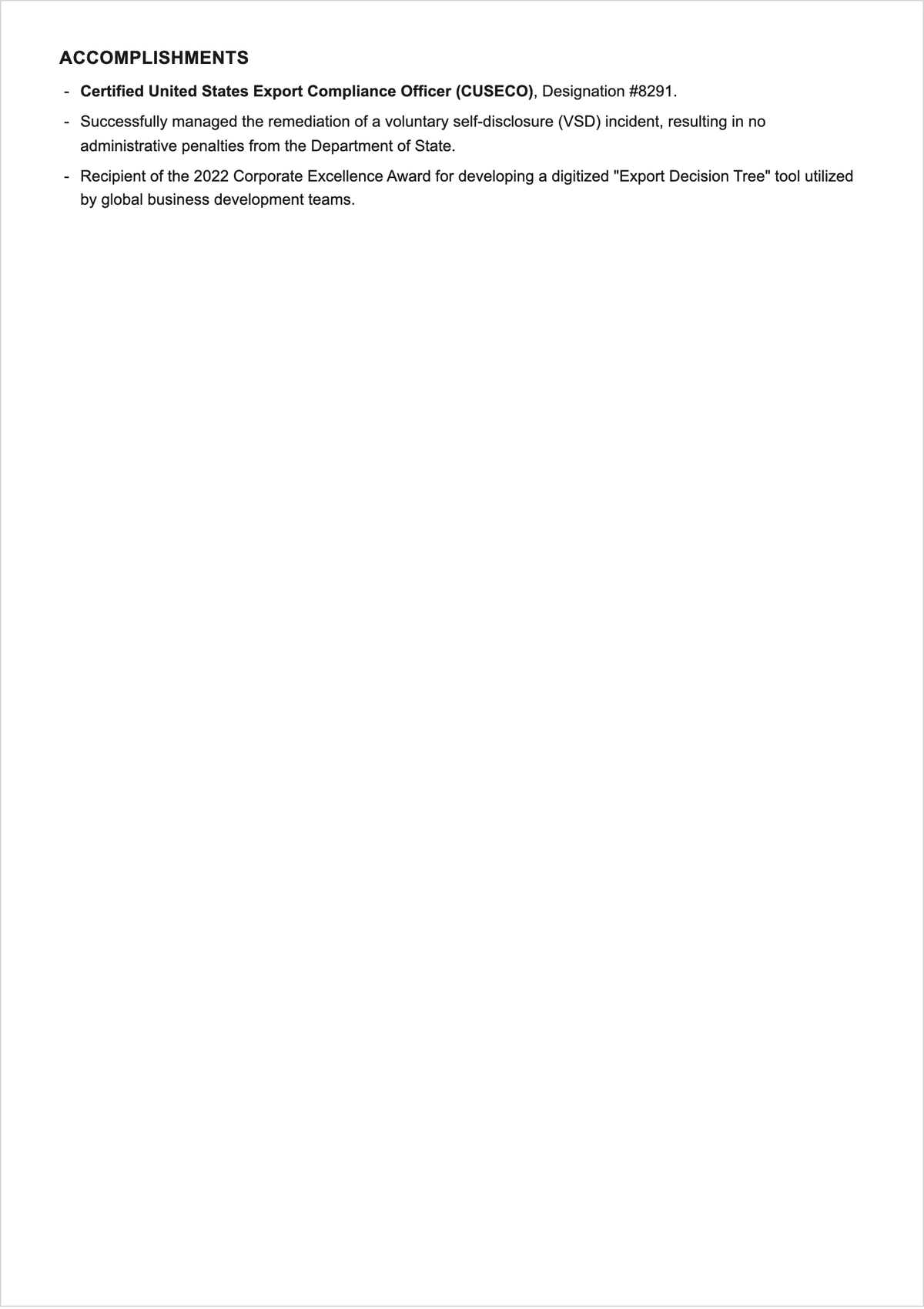 Free Export Compliance Officer ATS Resume Template, AI Resume Builder