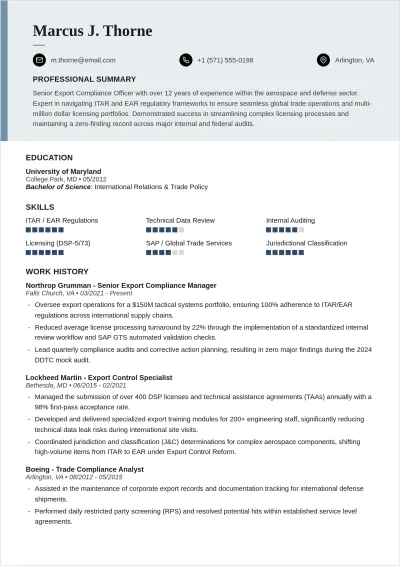 Free Export Compliance Officer ATS Resume Template, AI Resume Builder