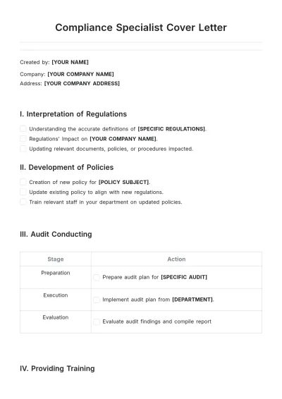 Free Compliance Specialist Cover Letter Template to Edit Online