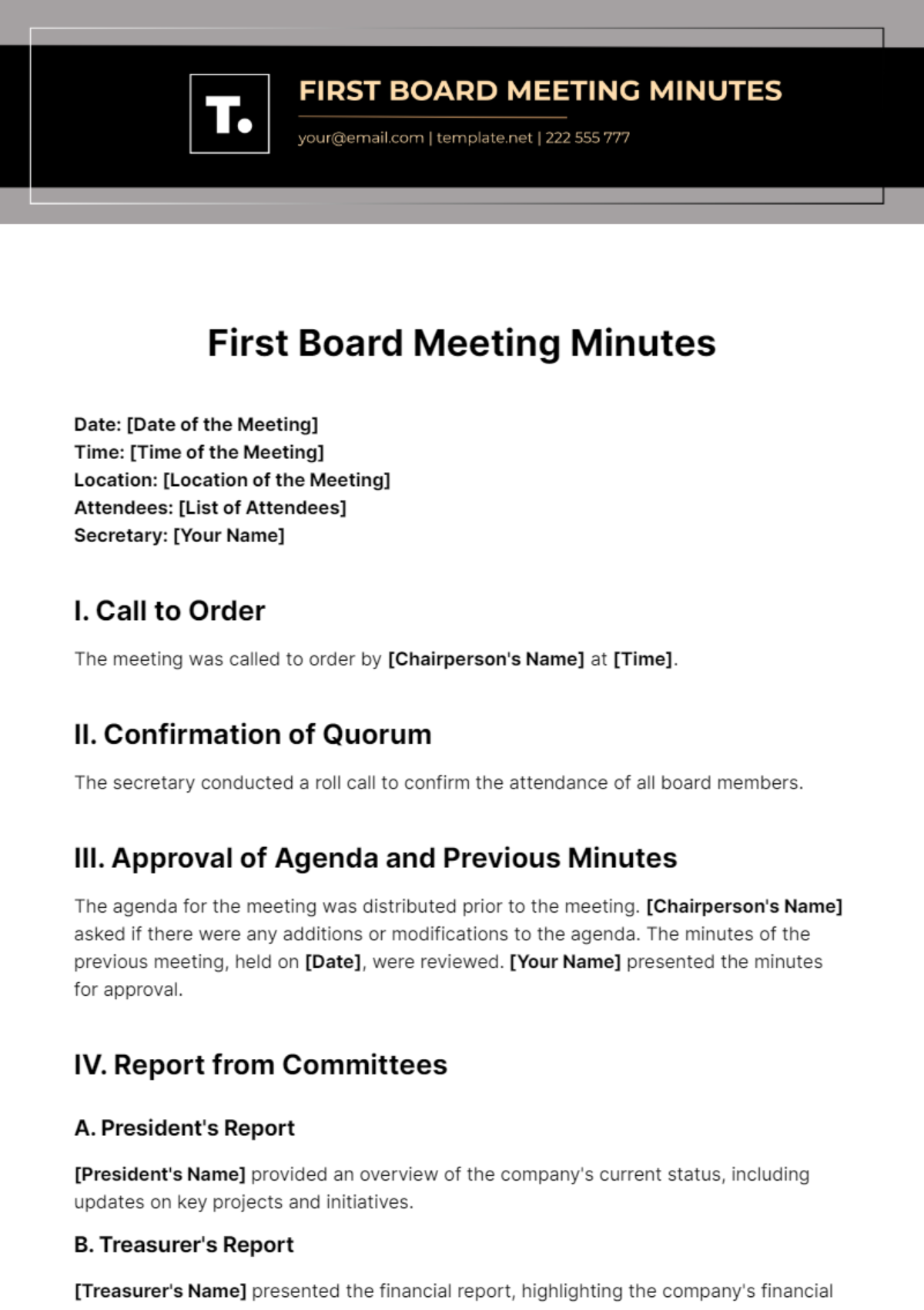 First Board Meeting Minutes Template - Edit Online & Download