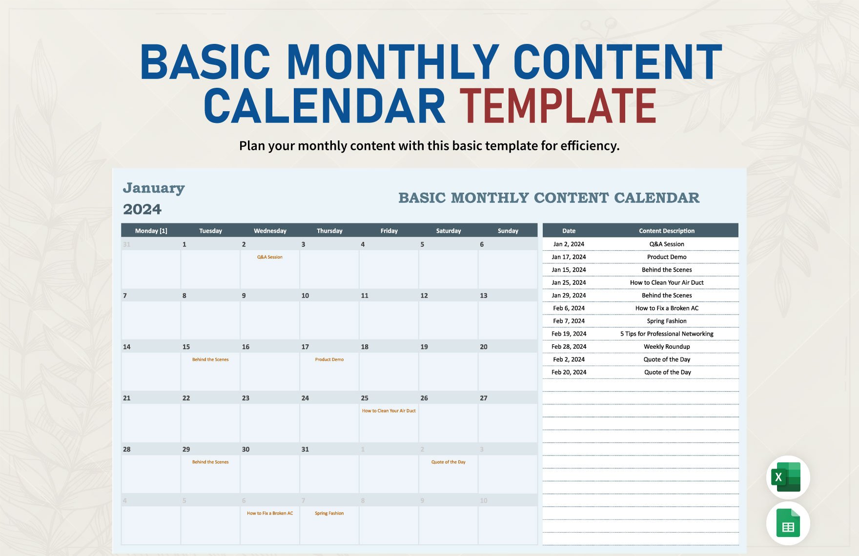 Basic Monthly Content Calendar Template in Excel, Google Sheets