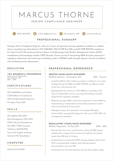 Free Compliance Engineer ATS Resume Template, AI Resume Builder
