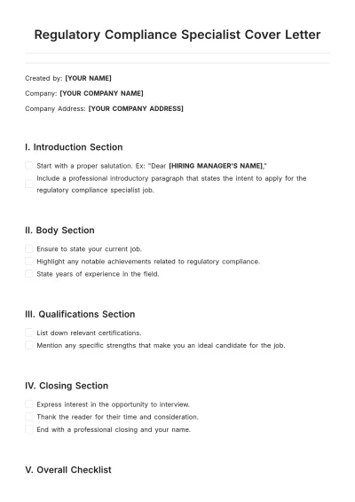 Free Regulatory Compliance Specialist Cover Letter Template to Edit Online
