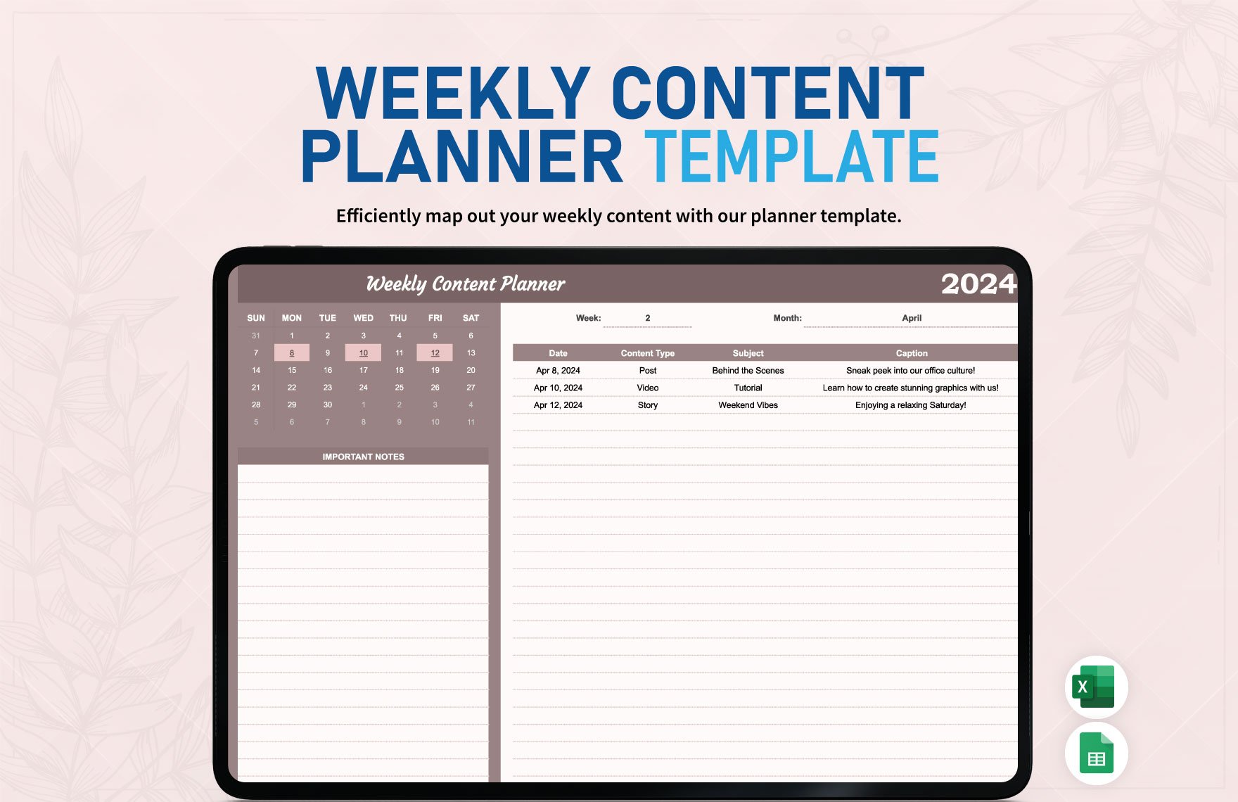Weekly Content Planner Template in Excel, Google Sheets