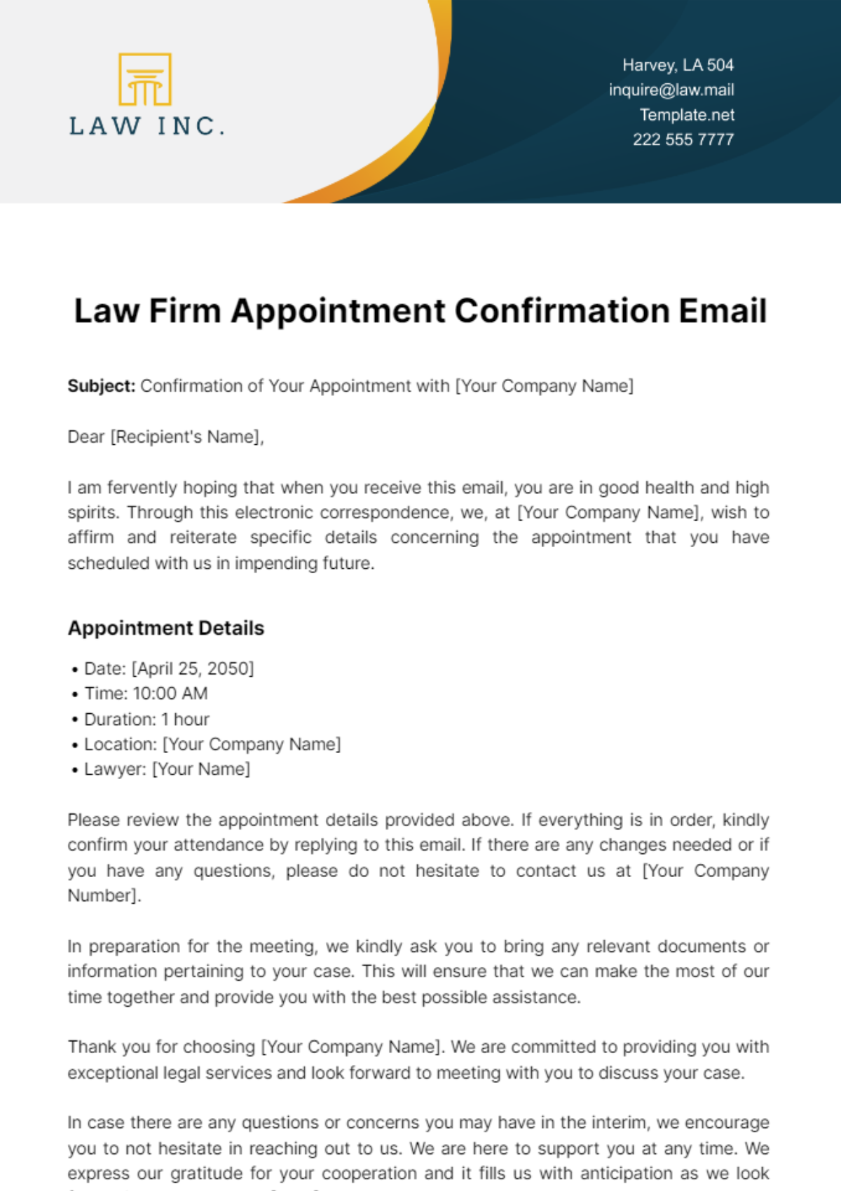 Law Firm Appointment Confirmation Email Template