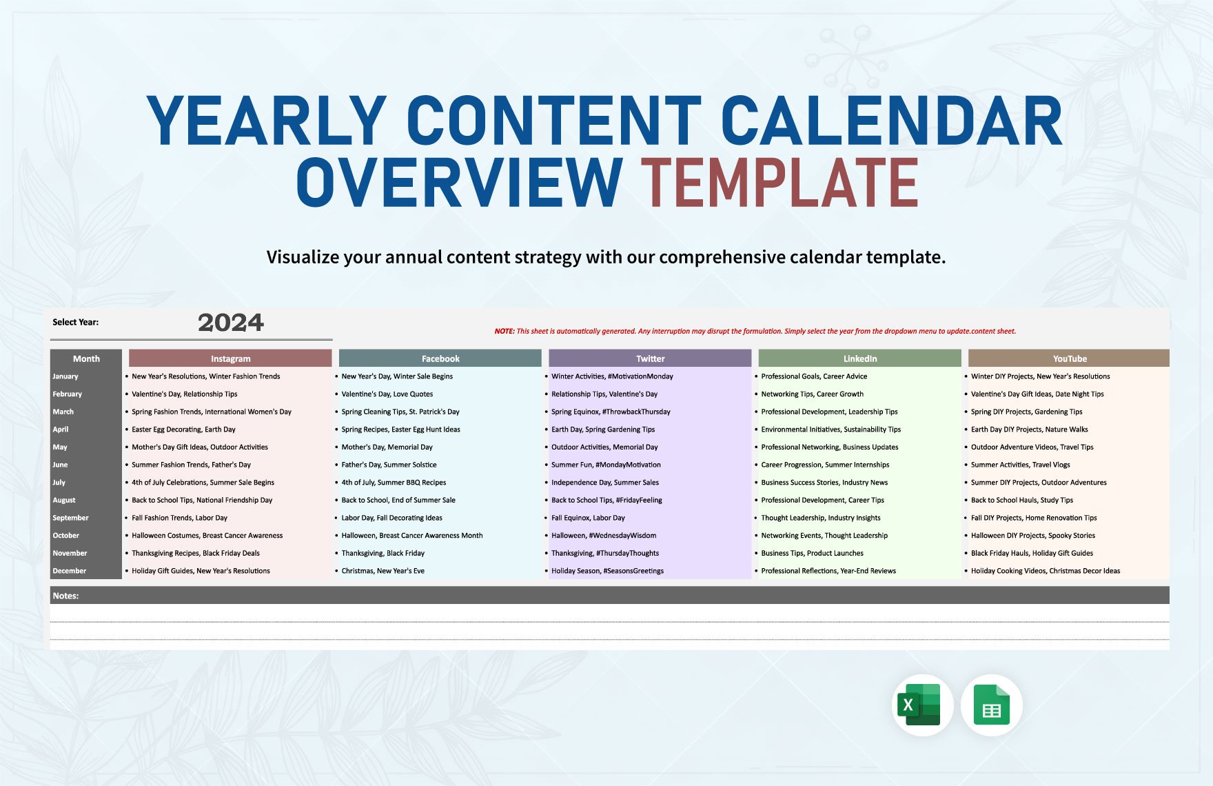 Yearly Content Calendar Overview Template in Excel, Google Sheets