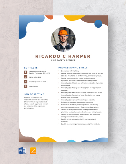 Free Fire Safety Officer Resume Template - Word, Apple Pages
