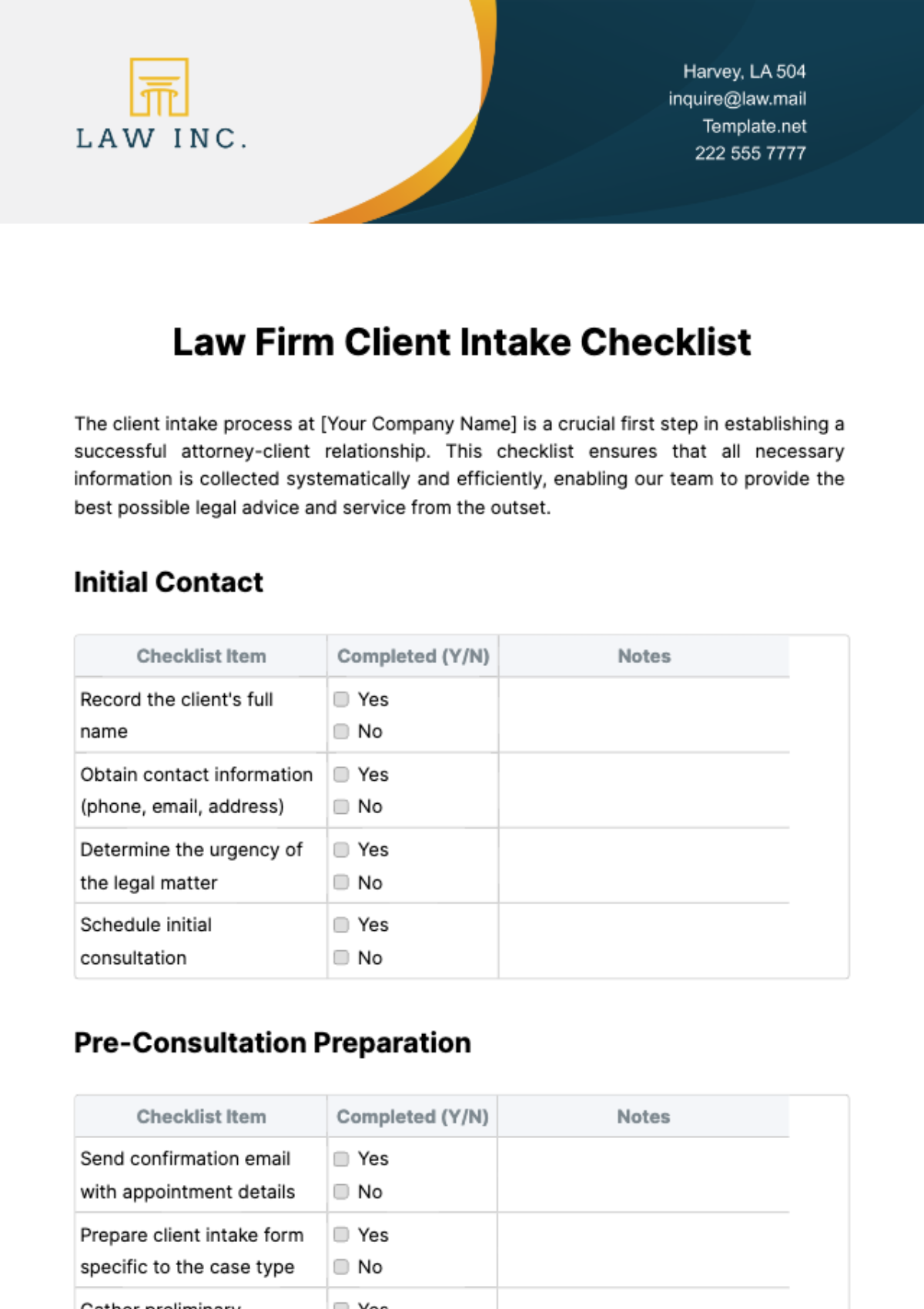 Free Law Firm Client Intake Checklist Template