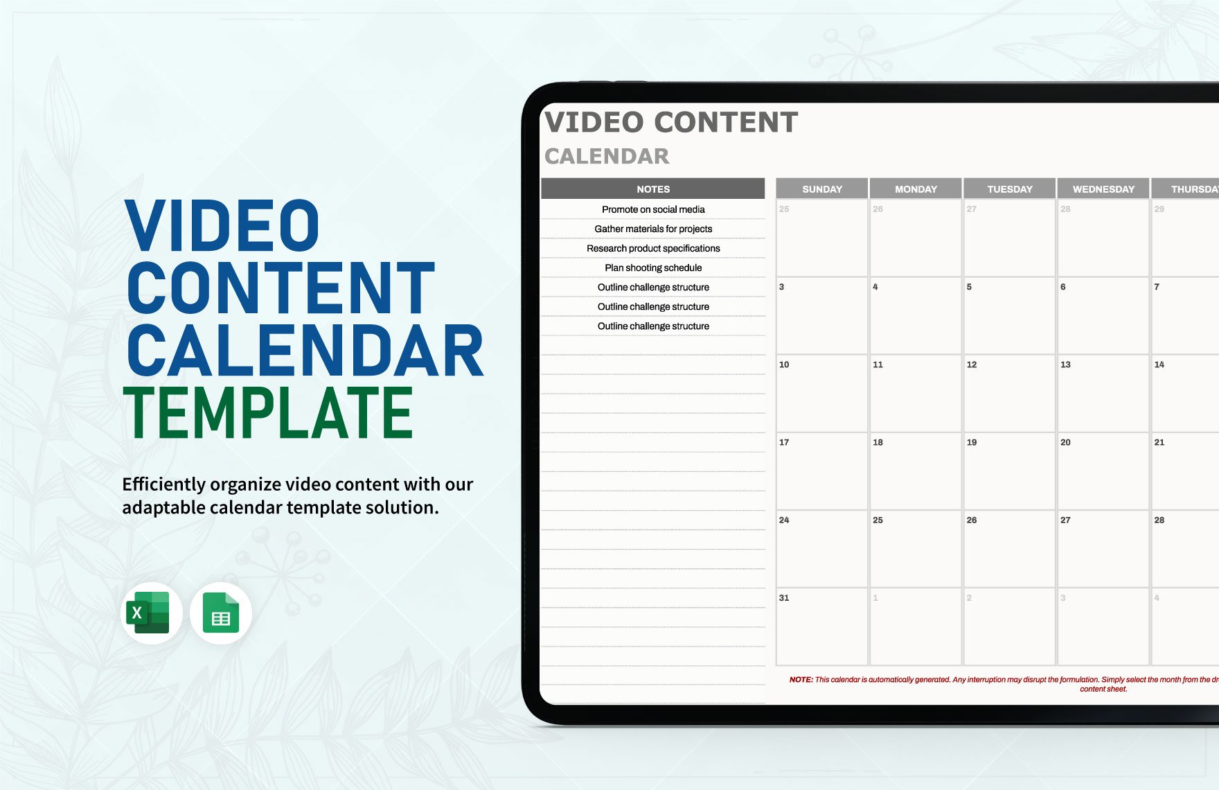 Video Content Calendar Template in Excel, Google Sheets