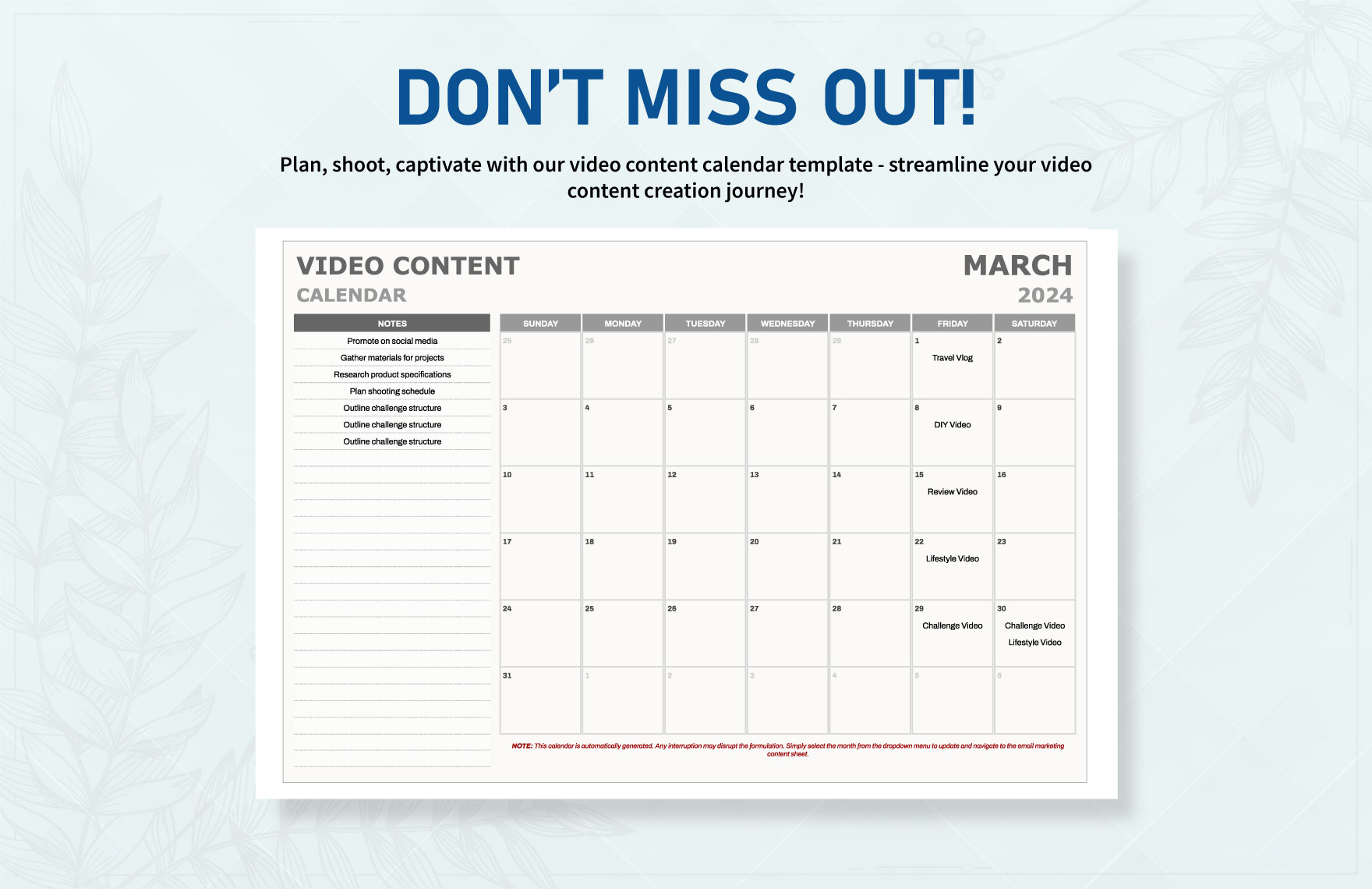 Video Content Calendar Template