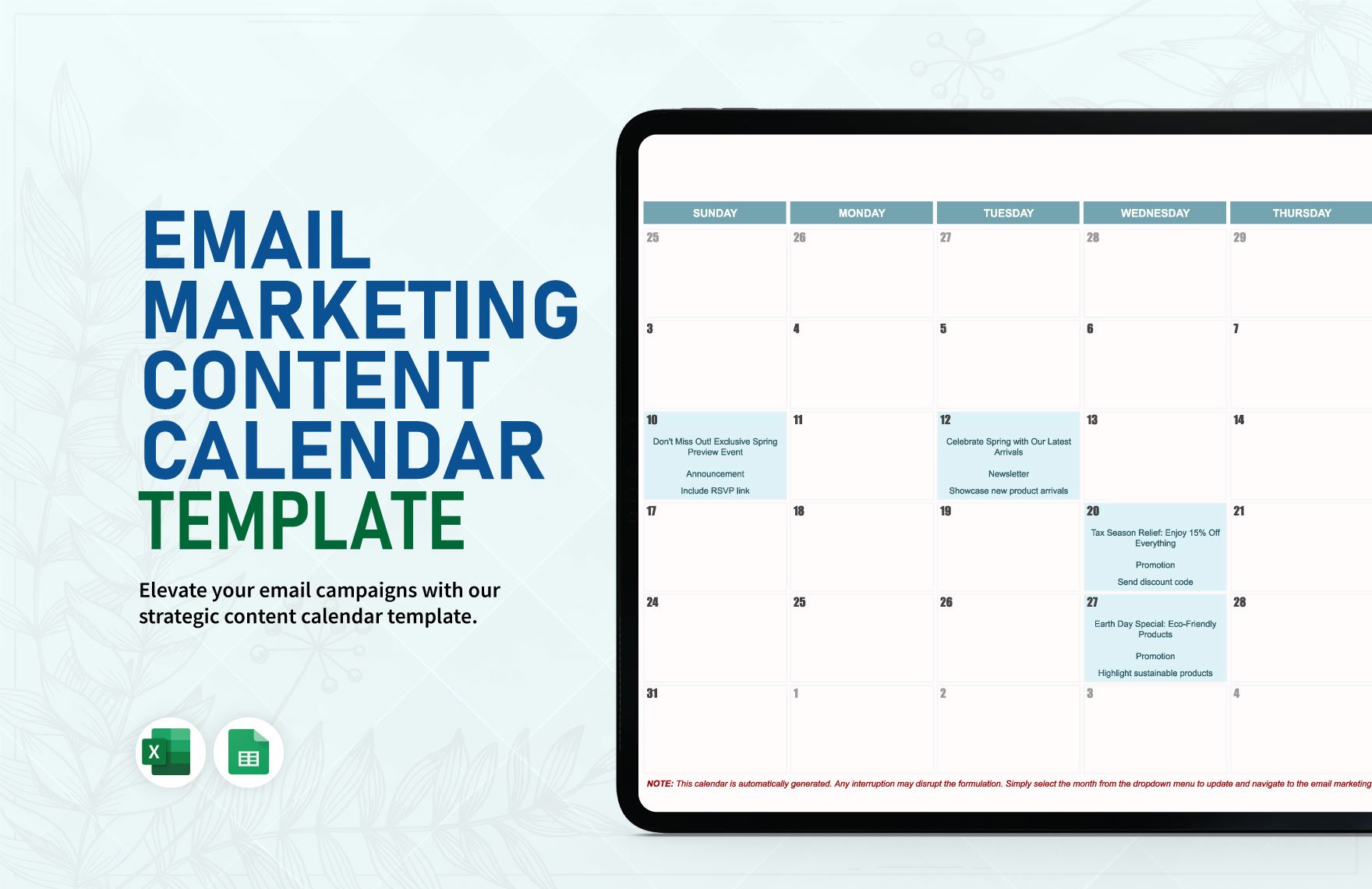 Email Marketing Content Calendar Template in Excel, Google Sheets