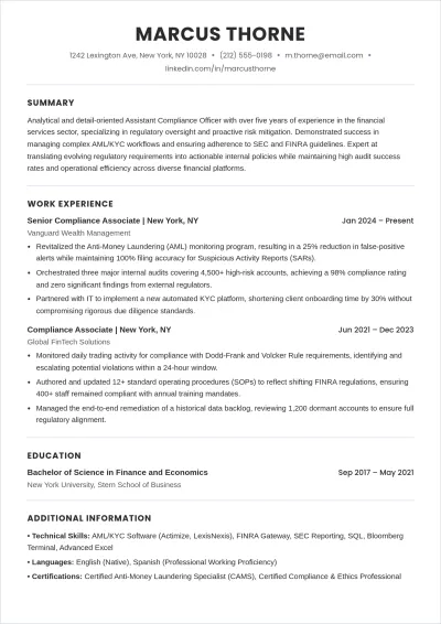 Free Assistant Compliance Officer ATS Resume Template