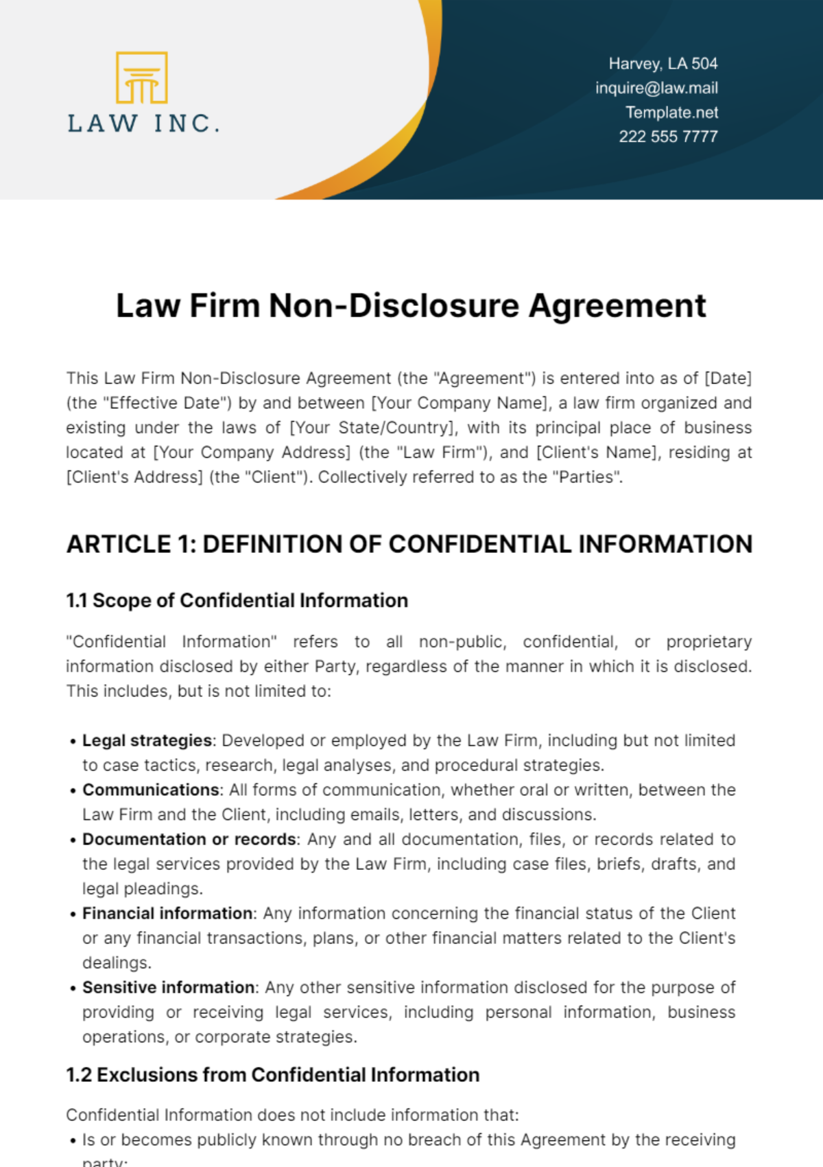 Law Firm Non-Disclosure Agreement Template