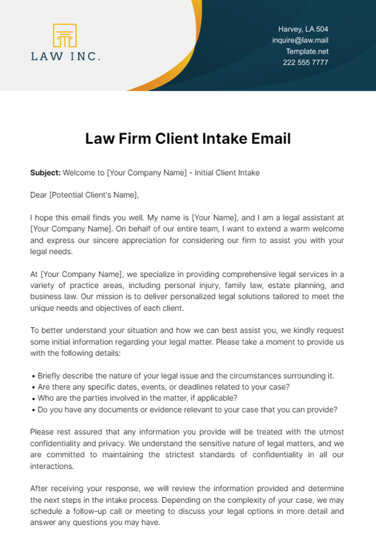 Free Law Firm Client Intake Email Template