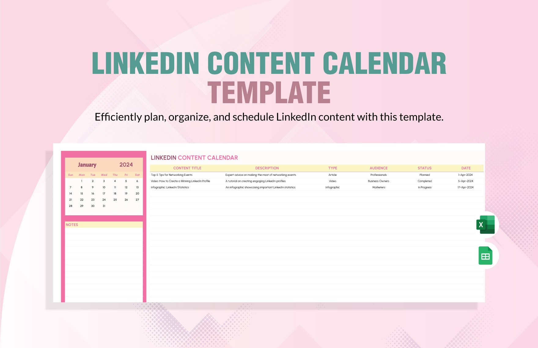 LinkedIn Content Calendar Template in Excel, Google Sheets