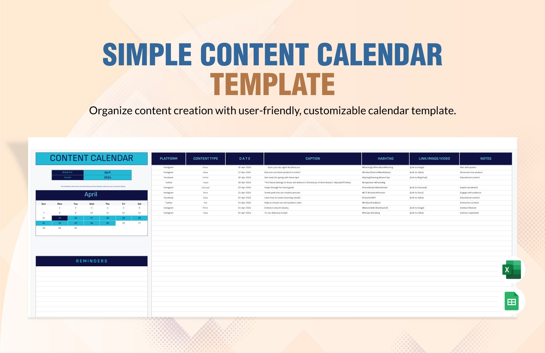 Simple Content Calendar Template in Excel, Google Sheets
