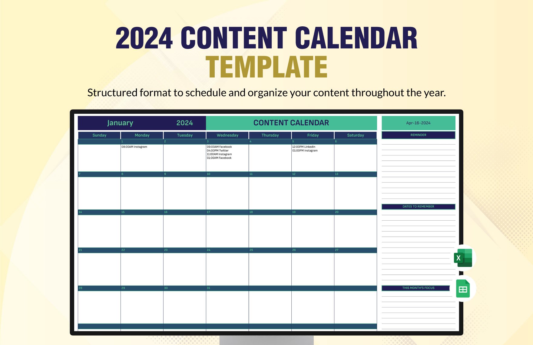 2024 Content Calendar Template in Excel, Google Sheets