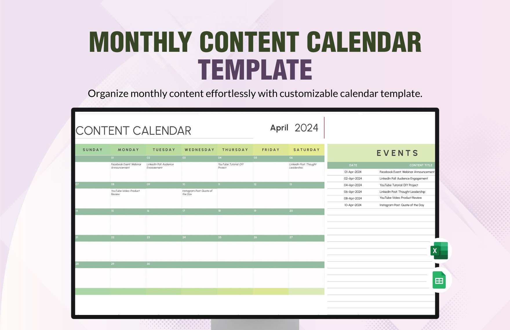 Monthly Content Calendar Template in Excel, Google Sheets