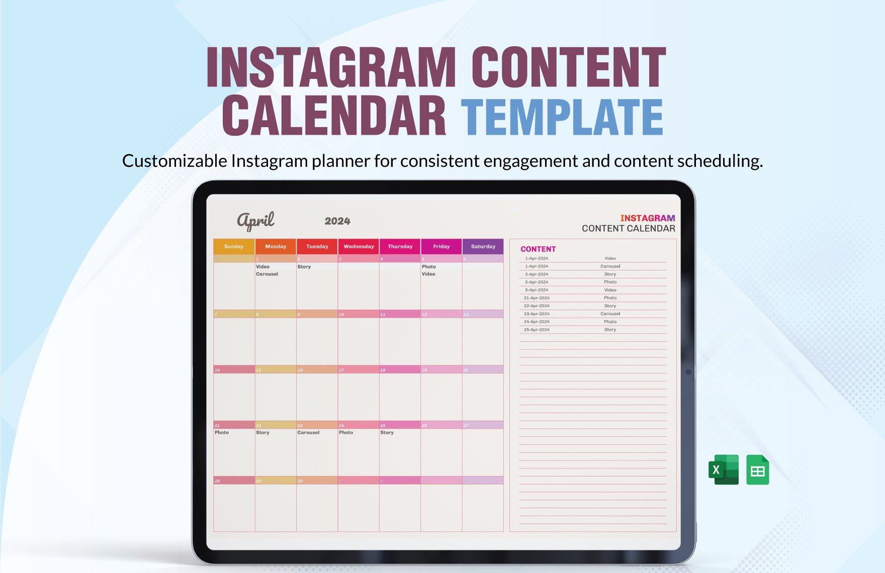 Instagram Content Calendar Template in Excel, Google Sheets