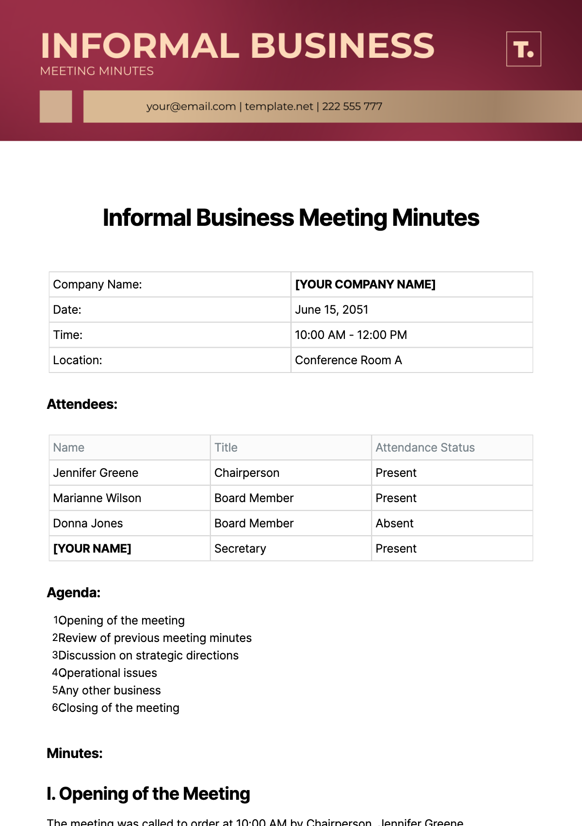 Informal Board Meeting Minutes Template - Edit Online & Download ...